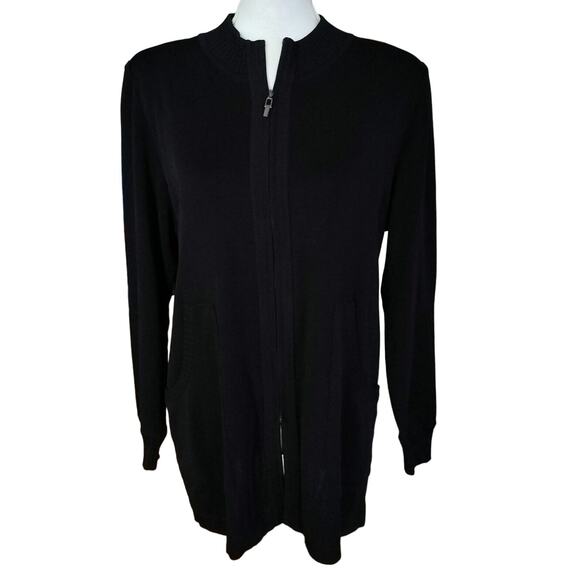 Exclusively Misook Size M Zip Front Longline Cardigan Sweater Pockets Black - Picture 1 of 5